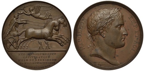 France French medal mid-19th century capitulation of Ulm in Memmingen to Napoleon, Napoleon in chariot, winged female figure of Nike above, laureate head of Napoleon right,