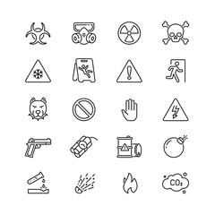 Warnings related icons: thin vector icon set, black and white kit
