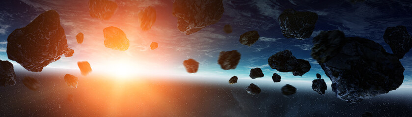 Panoramic view of planet Earth with asteroids flying close 3D rendering elements of this image furnished by NASA