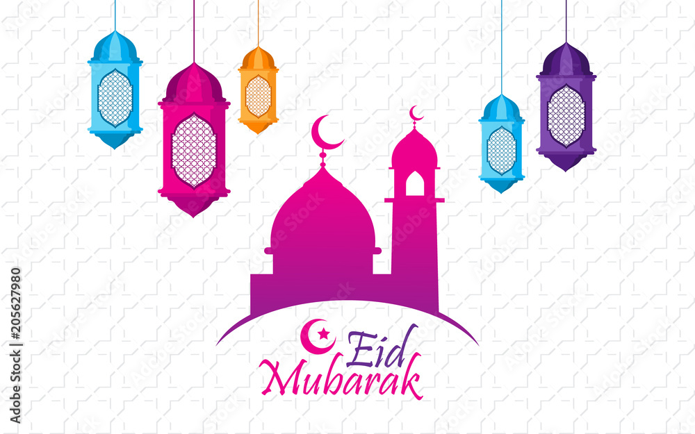 Sticker eid al fitr with colorful mosque, lantern, and white background