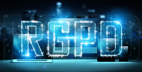 Digital GDPR interface over tech devices 3D rendering