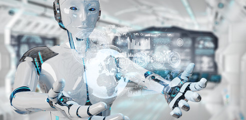 White woman cyborg using digital datas interface 3D rendering