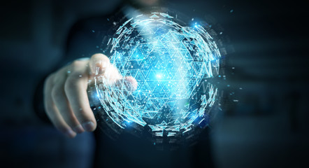 Businessman using digital triangle exploding sphere hologram 3D rendering