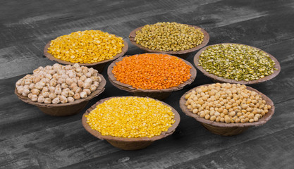 Collection of Seeds Food in Red Lentils, Masoor Dal, Coriander Seeds, Dhaniya, Split Chickpea, Chana Dal, Toor Daal, Chick Pea, Kabuli Chana, Yellow Split Dal, Mogar Daal, Black Eyed Peas, Mung Daal