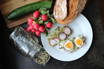 Brote mit Sprossen und Radieschen