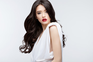 Brunette asian girl with long curly hair