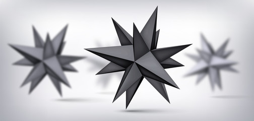 Volume polyhedron black stars, 3d blurred objects, geometry shapes, mesh version, dark origami crystals, abstract vector element