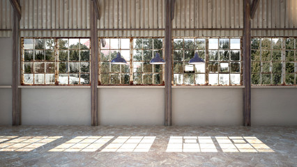 Fototapeta na wymiar Empty interior of brightly lit rustic warehouse