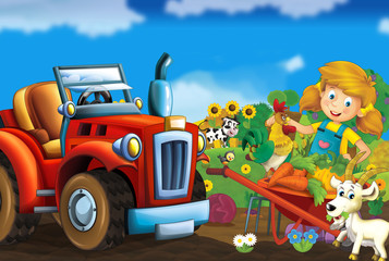 Obraz premium Cartoon scene with farm girl near some tractor for heavy duty tasks and some vegetables - illustration for children