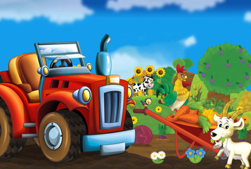 cartoon farm scene with rooster goat and tractor - illustration for children