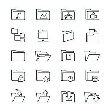 Folders related icons: thin vector icon set, black and white kit