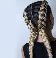 two thick braids of artificial hair, a youth hairdo, colored hair, white braids on a white background, a place for an inscription