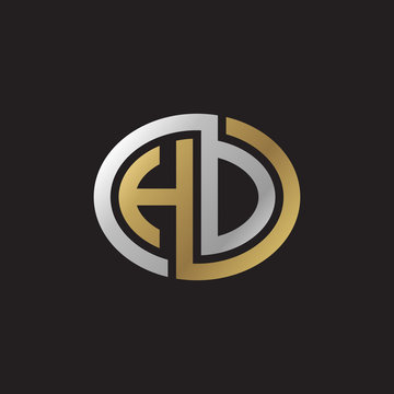 Initial letter HD, HO, looping line, ellipse shape logo, silver gold color on black background