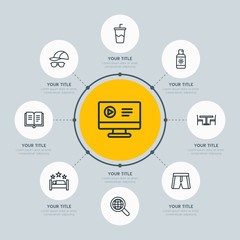 Circle network chart hotel, education, travel infographic template with 8 options for presentations, advertising, annual reports.