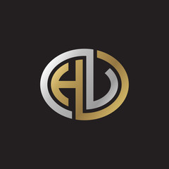 Initial letter HV, HU, looping line, ellipse shape logo, silver gold color on black background
