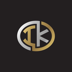 Initial letter IK, looping line, ellipse shape logo, silver gold color on black background