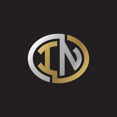Initial letter IN, looping line, ellipse shape logo, silver gold color on black background