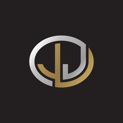 Initial letter JJ, looping line, ellipse shape logo, silver gold color on black background