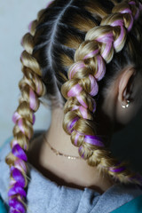 Naklejka premium two thick braids with kanekalon rear view close-up fashionable hairstyle for girls on a white background