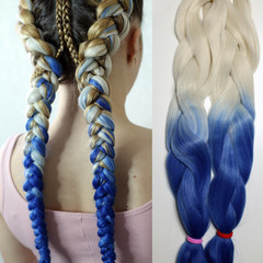 two braids with kanekalon fashionable youth hairstyle for young girls, schoolgirls, materials color kanekalon white and blue color with an example of a hairstyle