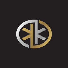 Initial letter KK, looping line, ellipse shape logo, silver gold color on black background