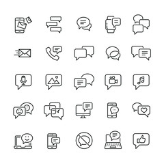 Message and speech bubble: thin vector icon set, black and white kit