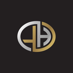 Initial letter LH, looping line, ellipse shape logo, silver gold color on black background