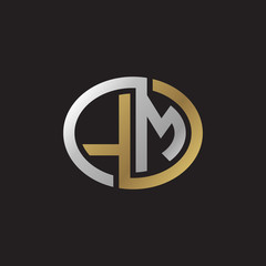Initial letter LM, looping line, ellipse shape logo, silver gold color on black background