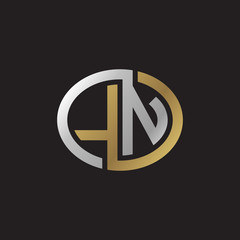 Initial letter LN, looping line, ellipse shape logo, silver gold color on black background