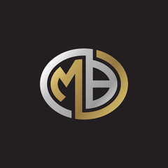 Initial letter MB, looping line, ellipse shape logo, silver gold color on black background