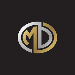 Initial letter MD, MO, looping line, ellipse shape logo, silver gold color on black background
