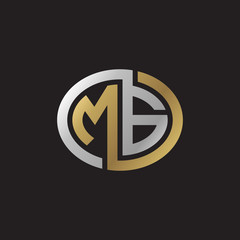 Initial letter MG, looping line, ellipse shape logo, silver gold color on black background