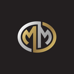 Initial letter MM, looping line, ellipse shape logo, silver gold color on black background