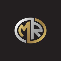 Initial letter MR, looping line, ellipse shape logo, silver gold color on black background