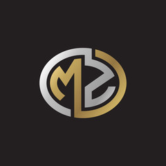 Initial letter MZ, looping line, ellipse shape logo, silver gold color on black background