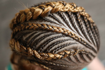 hairstyles from thin plaits on the head of a girl, a master, a beauty salon, a beauty trail