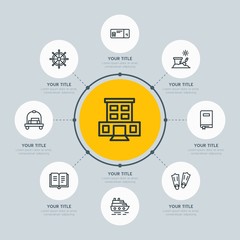 Circle network chart hotel, education, travel infographic template with 8 options for presentations, advertising, annual reports.