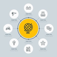 Circle network chart hotel, education, travel infographic template with 8 options for presentations, advertising, annual reports.