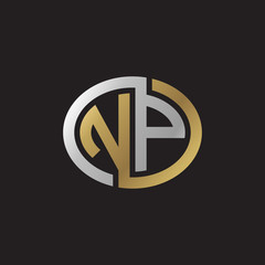 Initial letter NP, looping line, ellipse shape logo, silver gold color on black background