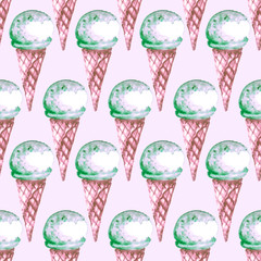 Seamless ice-cream pattern. Watercolor hand drawn summer beach print in unusual colors with ice lolly , Ice cream in a waffle cup. Childish baby background. Food print. Fabric, paper, cover, web