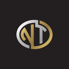 Initial letter NT, looping line, ellipse shape logo, silver gold color on black background