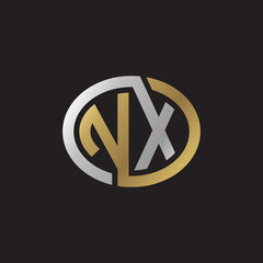 Initial letter NX, looping line, ellipse shape logo, silver gold color on black background