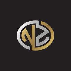 Initial letter NZ, looping line, ellipse shape logo, silver gold color on black background
