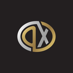 Initial letter OX, looping line, ellipse shape logo, silver gold color on black background