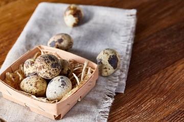 Quail eggs in the container over rustic wooden table, close-up, high angle view, selective focus.