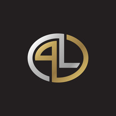 Initial letter PL, looping line, ellipse shape logo, silver gold color on black background