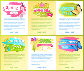 Spring Sale Posters Set Discount Color Butterflies