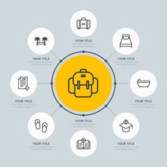 Fototapeta premium Circle network chart hotel, education, travel infographic template with 8 options for presentations, advertising, annual reports.