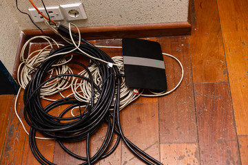 Modem router wifi wireless connect lan cable On wooden floor