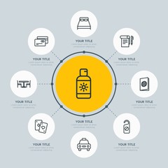 Circle network chart hotel, education, travel infographic template with 8 options for presentations, advertising, annual reports.